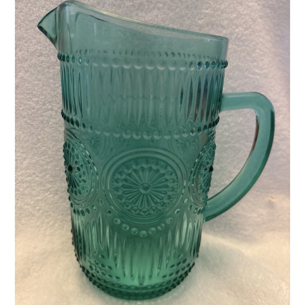 Pioneer Woman 54 Ounce Teal Aqua Blue Adeline Glass Pitcher Embossed 1.59-liter